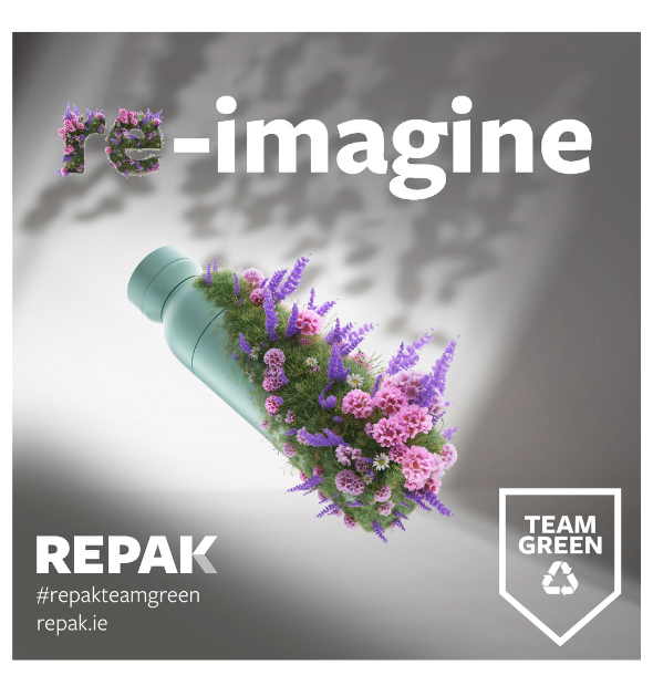 Part of the re-imagine campaign. A green bottle sprouts pink and purple flowers that cover half its surface.